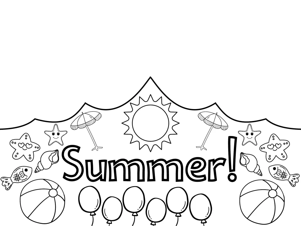 Black-and-white summer crown template reading 'Summer!', ready to color as a wearable celebration craft.