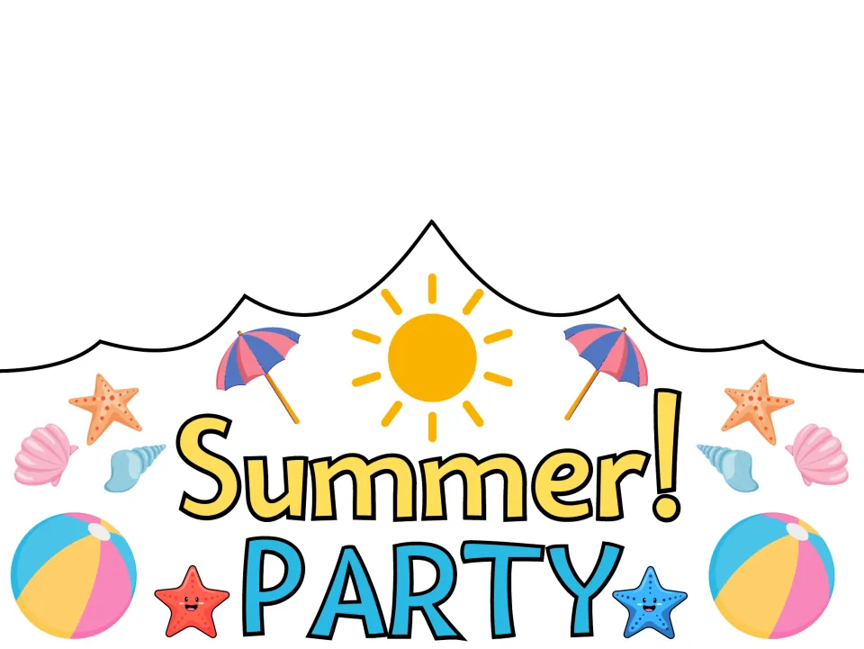 Pre-colored summer crown template reading 'Summer! PARTY', a wearable craft for summer celebrations.