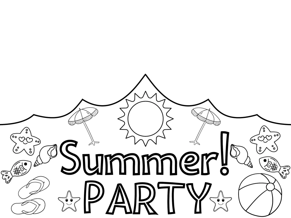 Black-and-white summer crown template reading 'Summer! PARTY', ready to color for summer celebrations.