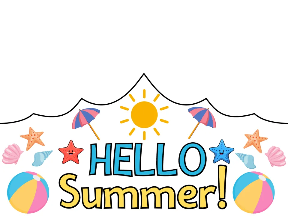 Pre-colored summer crown template reading 'HELLO Summer!', a wearable craft for summer celebrations.