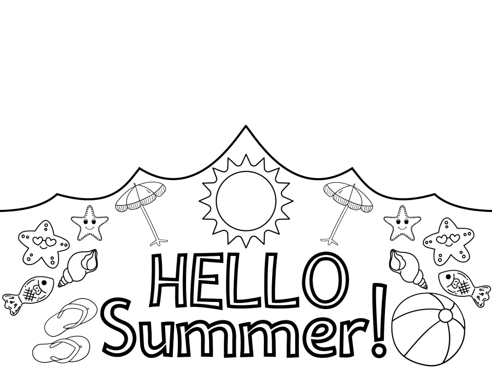 Black-and-white summer crown template reading 'HELLO Summer!', ready to color for summer celebrations.