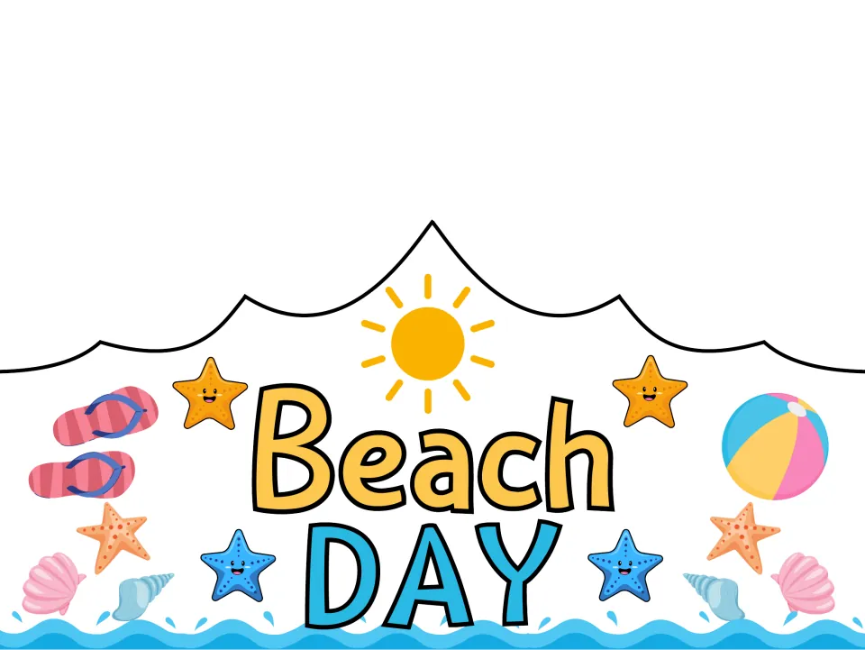 Pre-colored summer crown template reading 'Beach DAY', one of the wearable crafts for beach celebrations.