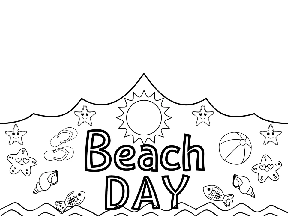 Black-and-white summer crown template reading 'Beach DAY', ready to color as a wearable beach party craft.