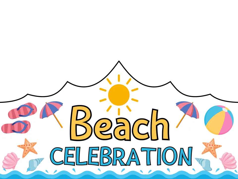 Pre-colored summer crown template reading 'Beach CELEBRATION', a wearable craft for summer gatherings.