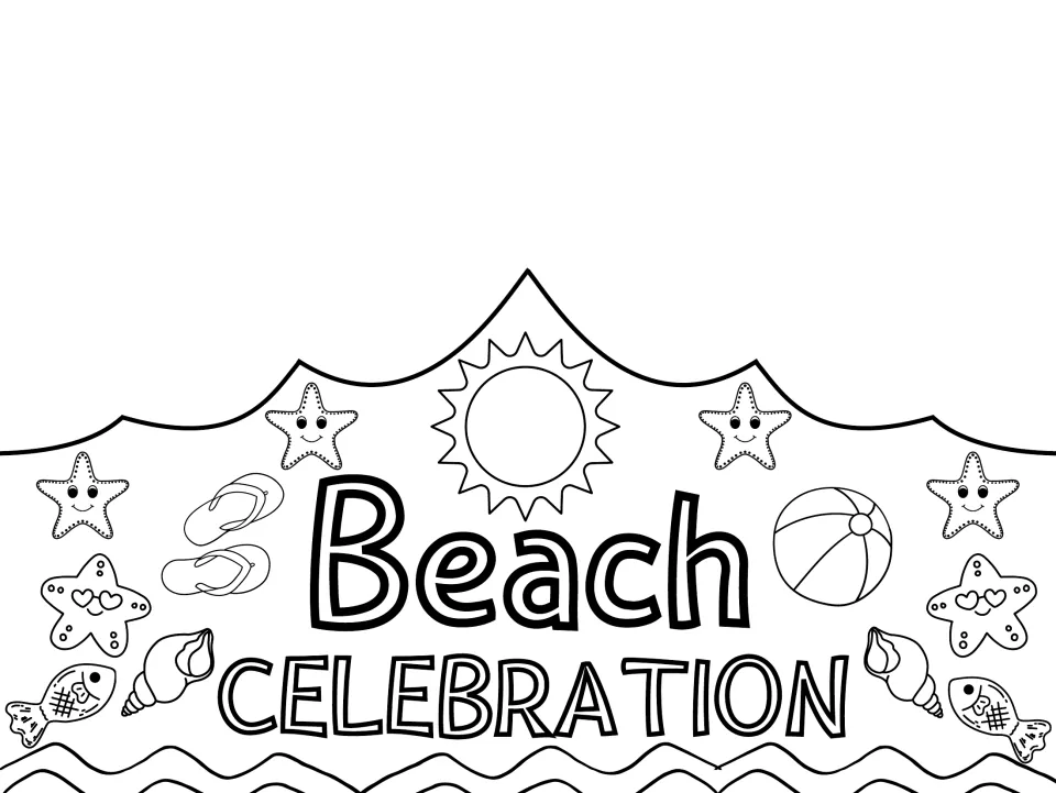 Black-and-white summer crown template reading 'Beach CELEBRATION', ready to color for summer gatherings.