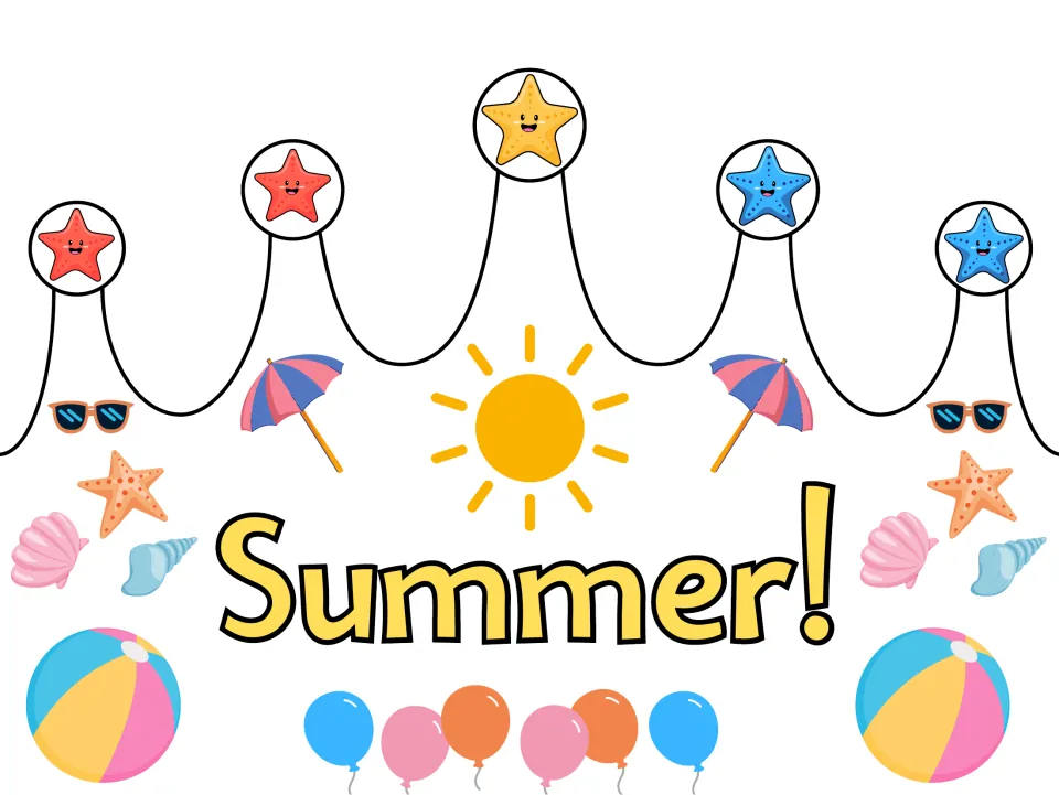 Pre-colored summer crown craft template featuring the word "Summer!" for summer or end-of-year celebrations