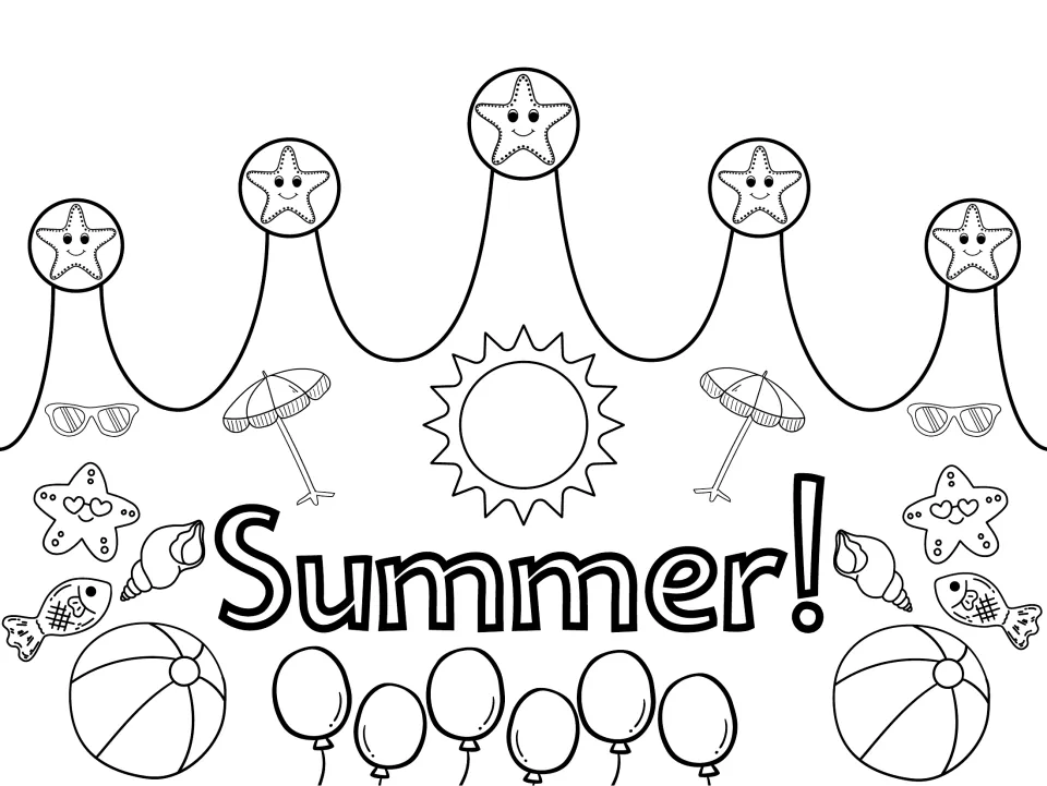 Black-and-white summer crown craft template featuring the word "Summer!" for children to color themselves