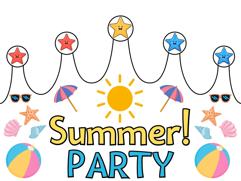 Pre-colored summer crown craft template reading "Summer! PARTY" for summer or end-of-year celebrations