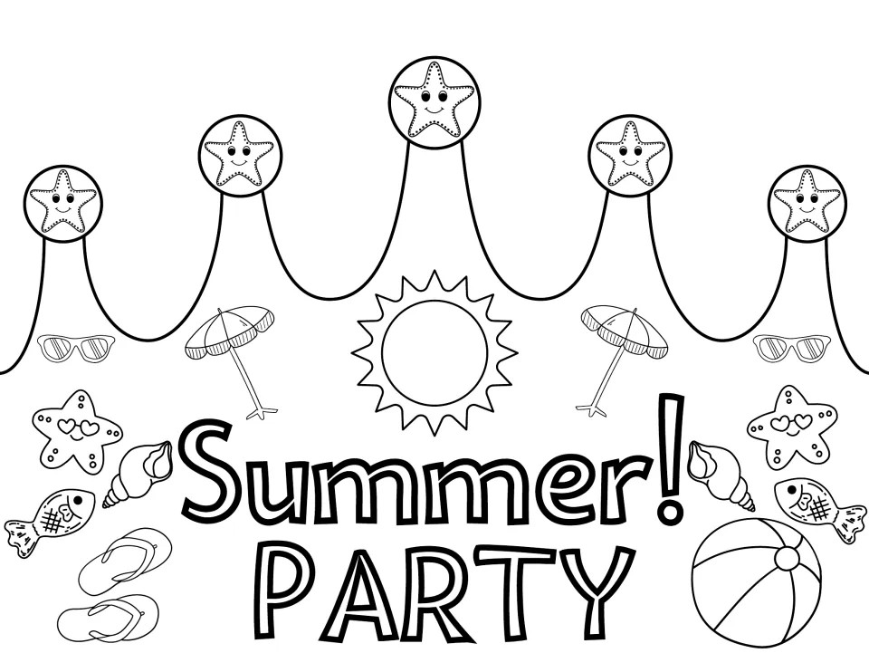 Black-and-white summer crown craft template reading "Summer! PARTY" for children to color themselves