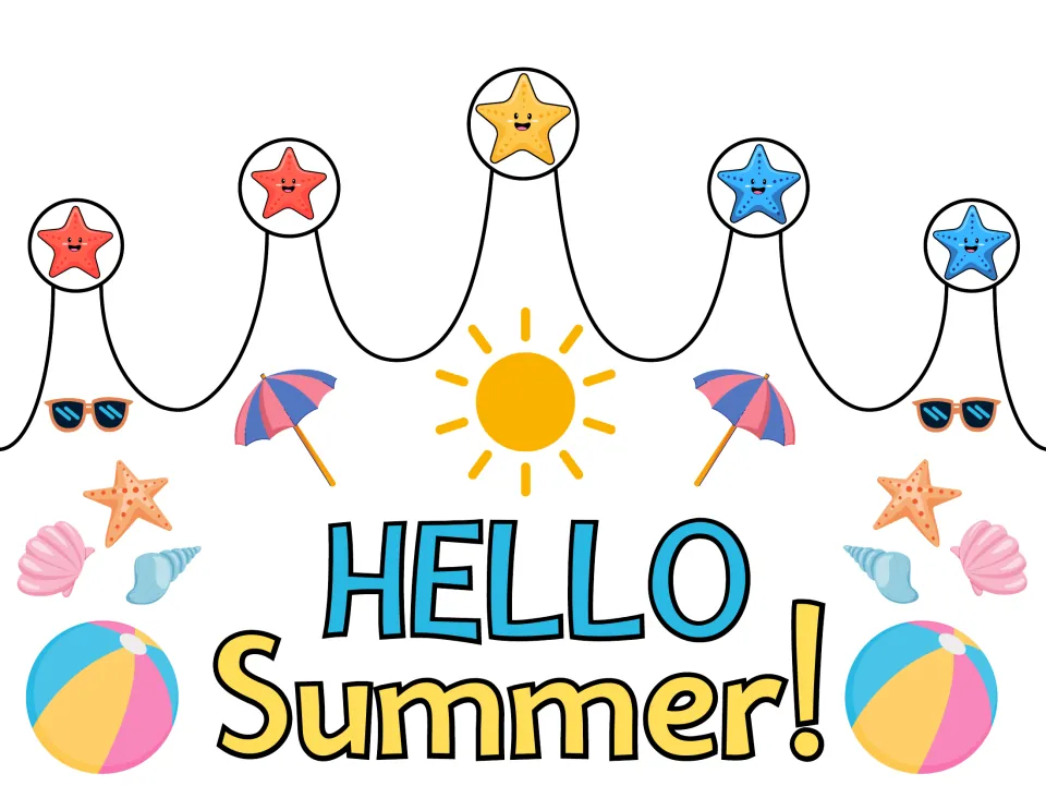 Pre-colored summer crown craft template reading "HELLO Summer!" for summer or end-of-year celebrations