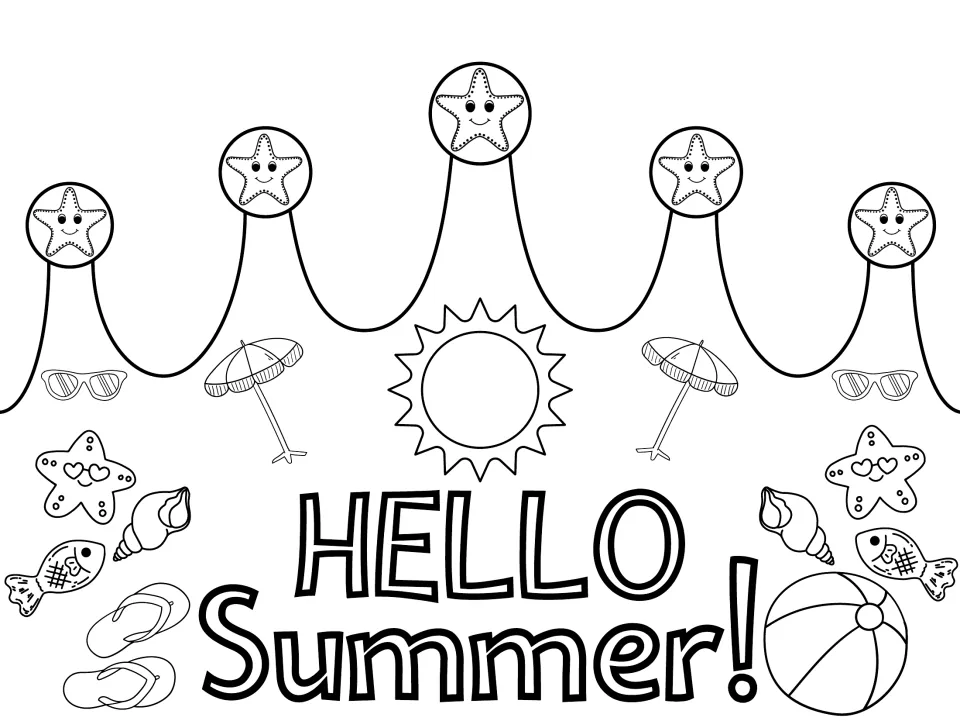 Black-and-white summer crown craft template reading "HELLO Summer!" for children to color themselves