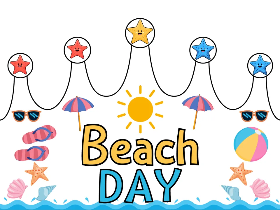 Pre-colored summer crown craft template reading "Beach DAY" for summer gatherings and celebrations