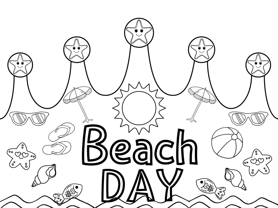 Black-and-white summer crown craft template reading "Beach DAY" for children to color themselves
