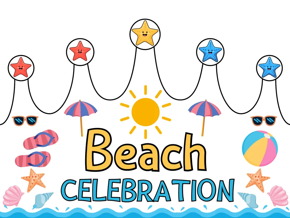 Pre-colored summer crown craft template reading "Beach CELEBRATION" for summer gatherings and parties