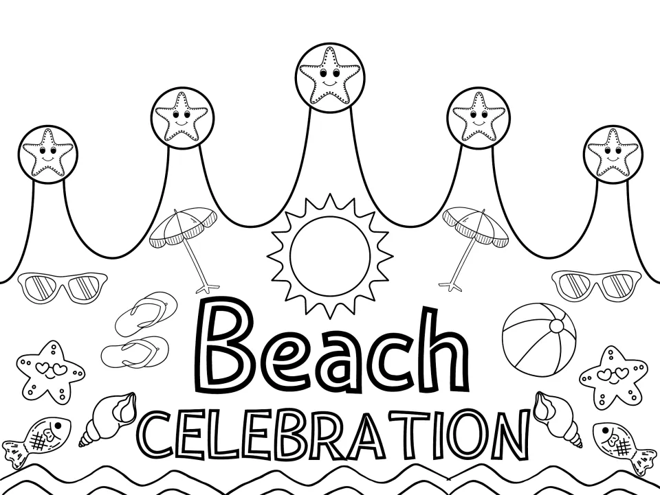 Black-and-white summer crown craft template reading "Beach CELEBRATION" for children to color themselves