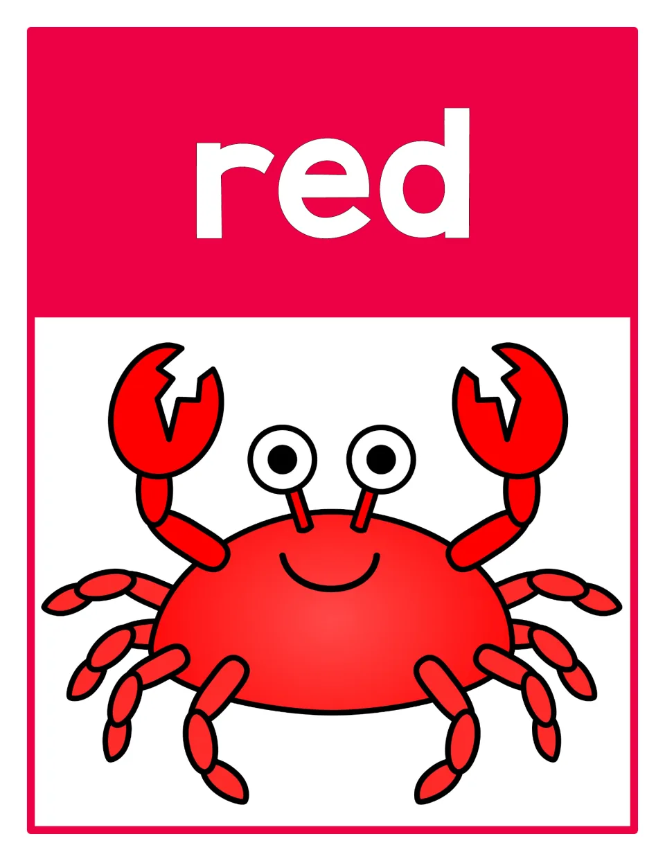 Color poster 1 for color recognition: the word 'red' paired with a red crab in the beach-themed set.