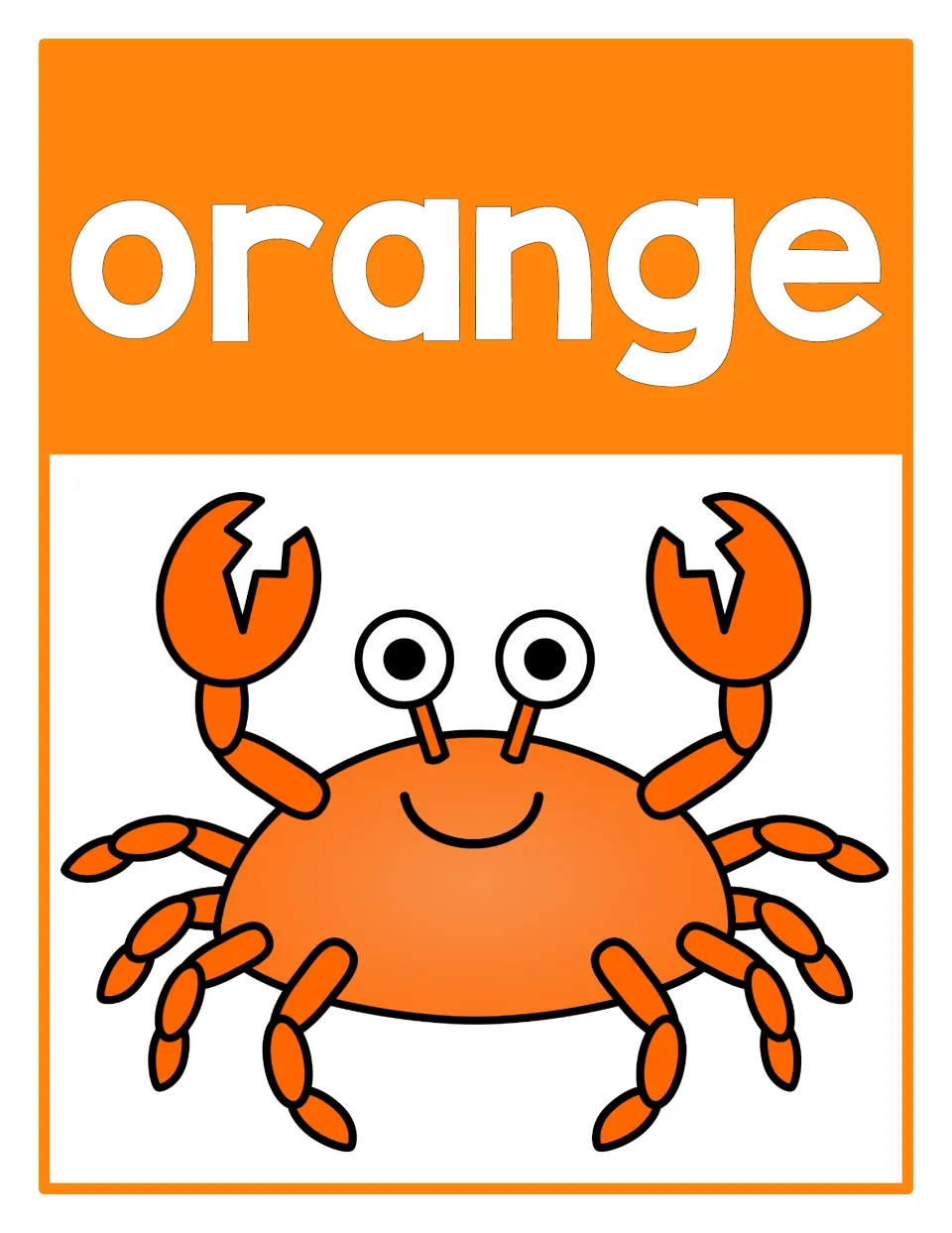 Color poster 2 for color recognition: the word 'orange' paired with an orange crab in the beach-themed set.