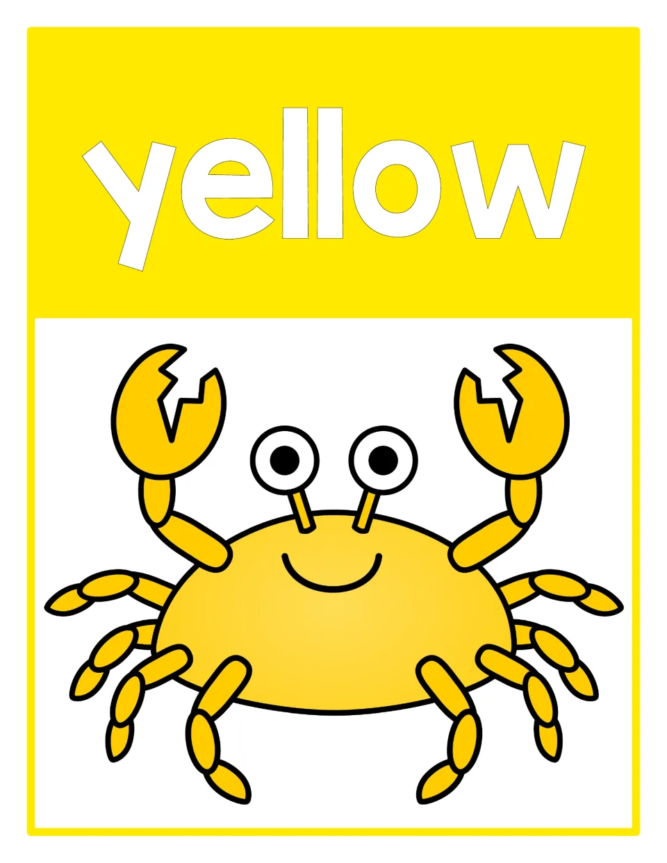 Color poster 3 for color recognition: the word 'yellow' paired with a yellow crab in the beach-themed set.