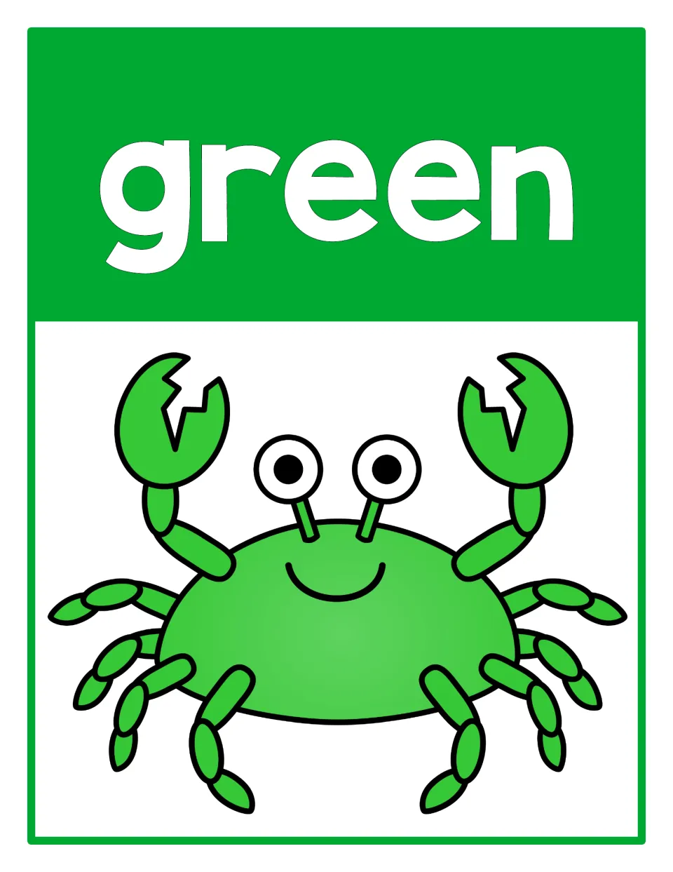 Color poster 4 for color recognition: the word 'green' paired with a green crab in the beach-themed set.