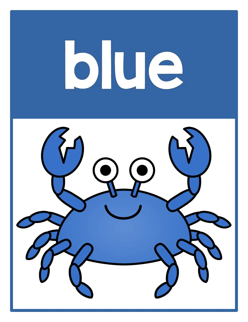 Color poster 5 for color recognition: the word 'blue' paired with a blue crab in the beach-themed set.
