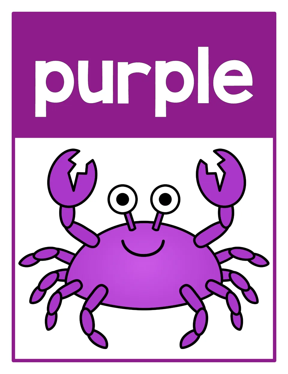 Color poster 6 for color recognition: the word 'purple' paired with a purple crab in the beach-themed set.