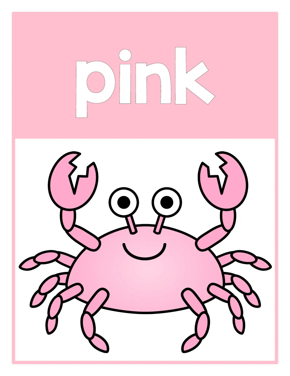 Color poster 7 for color recognition: the word 'pink' paired with a pink crab in the beach-themed set.