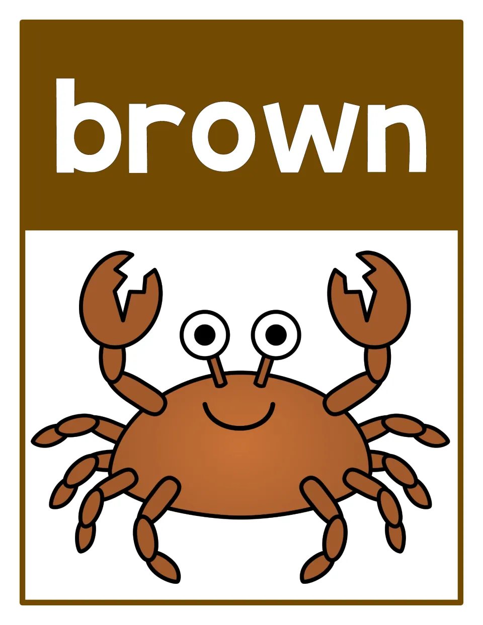 Color poster 8 for color recognition: the word 'brown' paired with a brown crab in the beach-themed set.