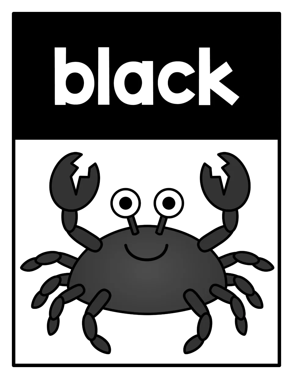 Color poster 9 for color recognition: the word 'black' paired with a black crab in the beach-themed set.