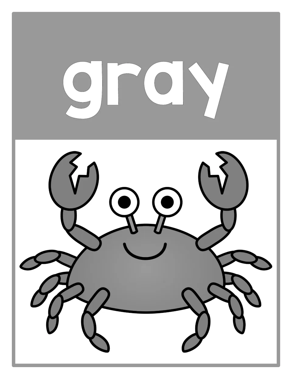 Color poster 10 for color recognition: the word 'gray' paired with a gray crab in the beach-themed set.