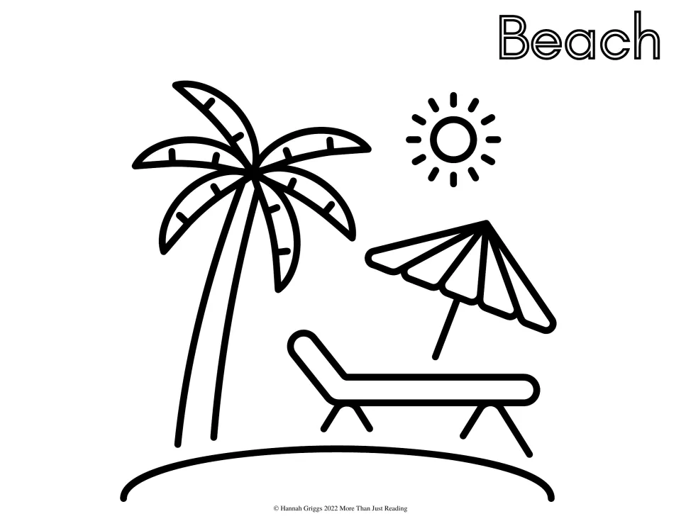 Beach scene to color: a palm tree, shining sun, open umbrella and lounge chair on sand, labeled with the word Beach