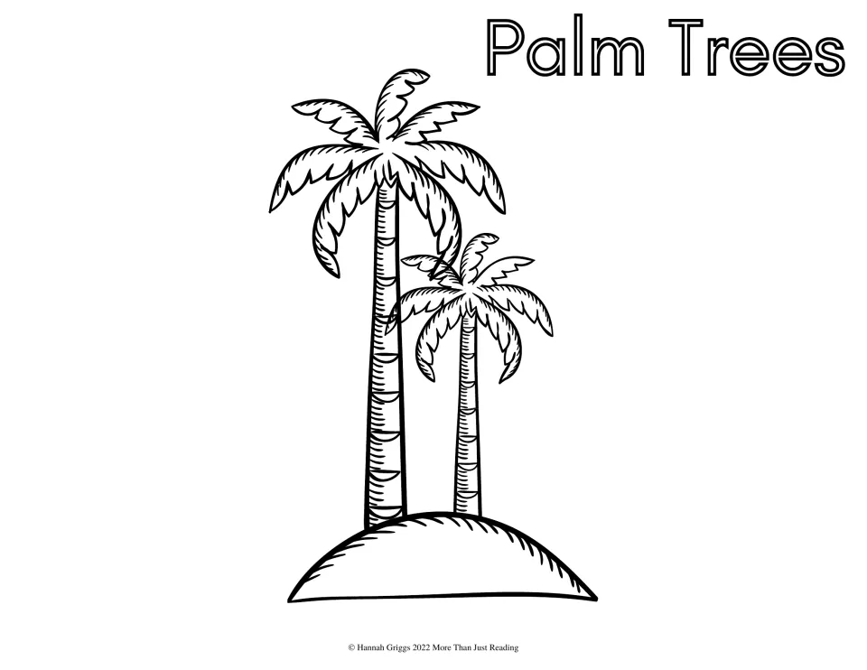 Palm trees to color: one tall and one shorter palm with feathery fronds growing from a small sandy island mound
