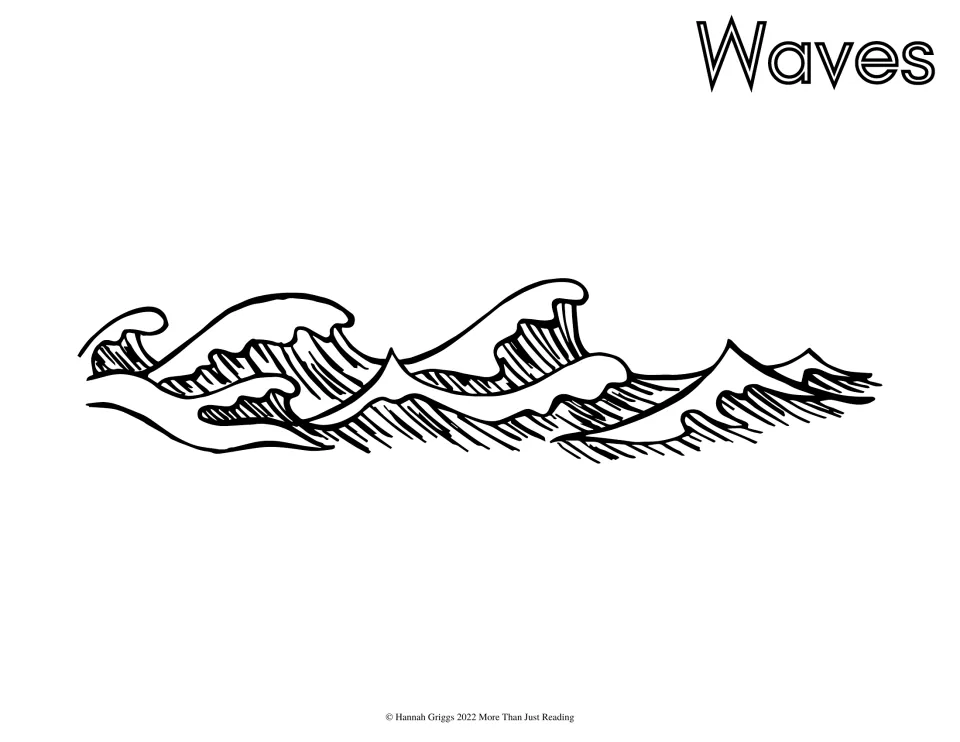Waves to color: a row of curling ocean waves with hatched shading drawn across the middle, labeled with the word Waves