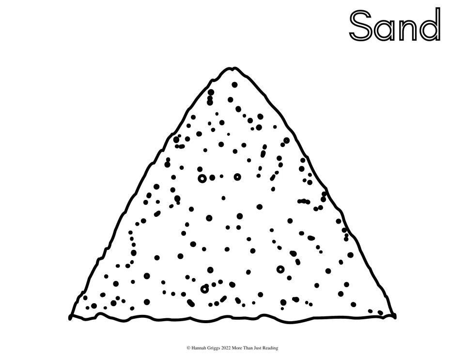 Sand to color: a large speckled sand pile shaped like a triangle, dotted with grains, labeled with the word Sand