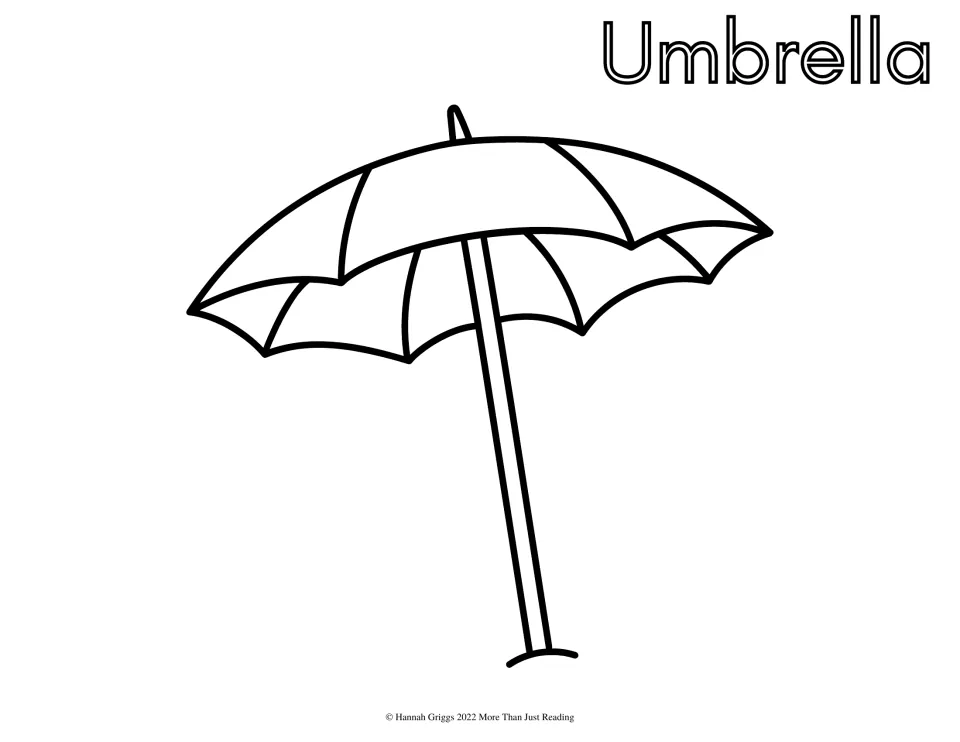 Umbrella to color: a beach umbrella with a segmented canopy on a tall pole set into the sand, labeled Umbrella