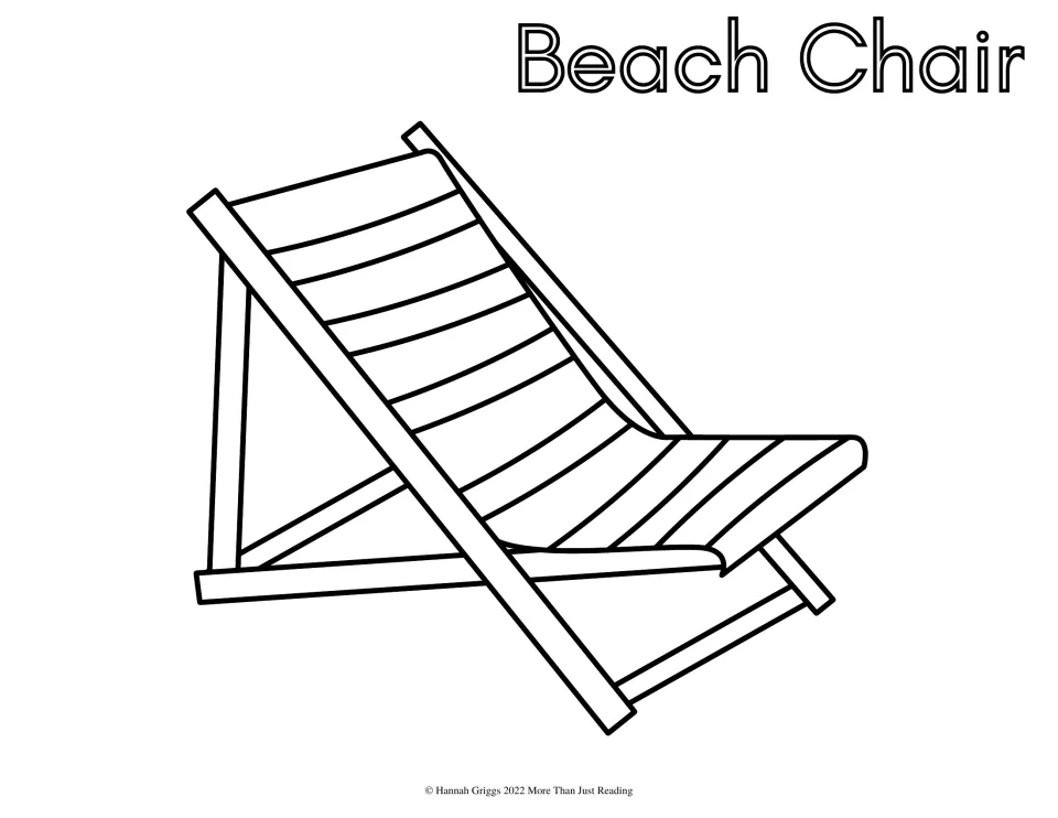 Beach chair to color: a folding deck chair with a striped slatted seat and crossed frame, labeled Beach Chair