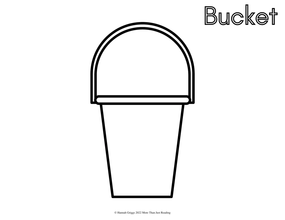 Bucket to color: a large, simple sand pail with a rounded carry handle and a rim, labeled with the word Bucket