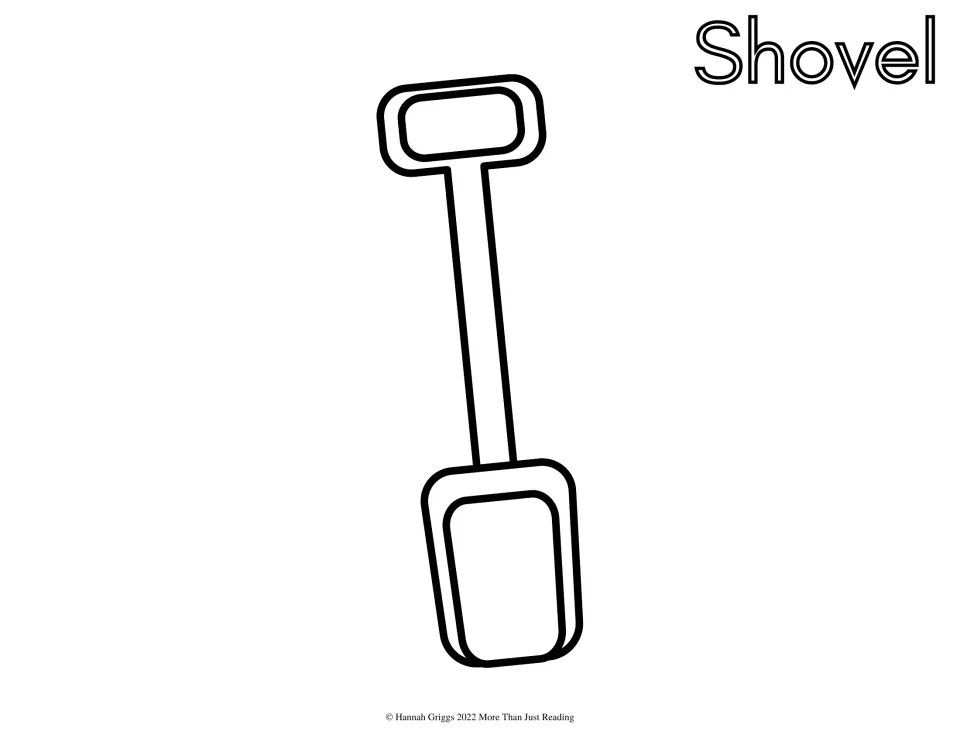 Shovel to color: a toy sand spade with a rectangular grip, long handle and a wide scoop at the bottom, labeled Shovel