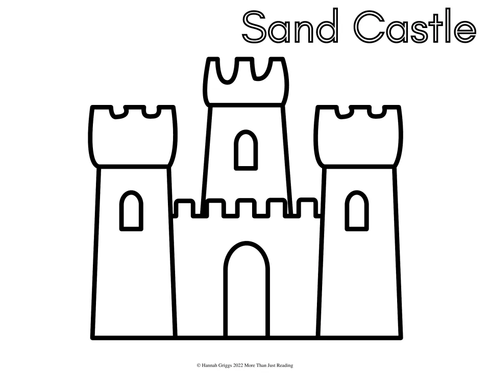 Sand castle to color: three towers with notched tops and arched windows above a front wall with an arched doorway
