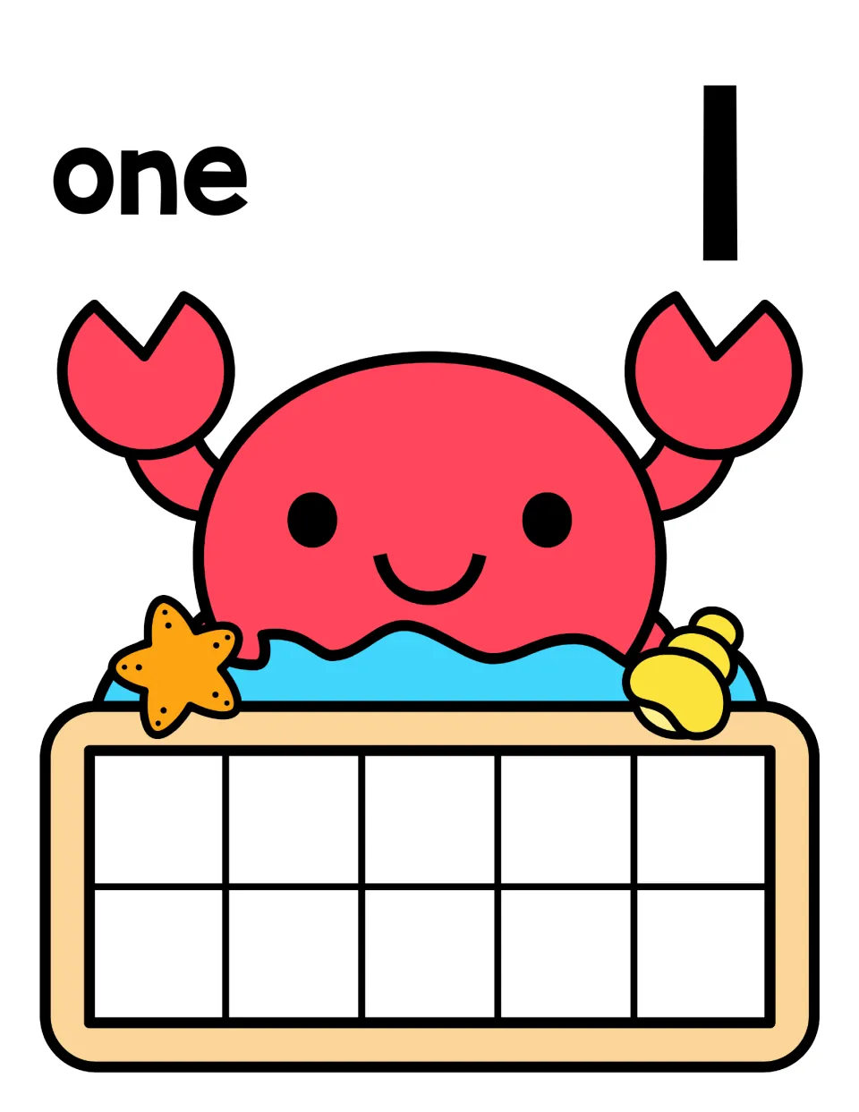 Counting to 1: number word one and numeral 1 above a smiling crab; students place one counter on the empty ten frame