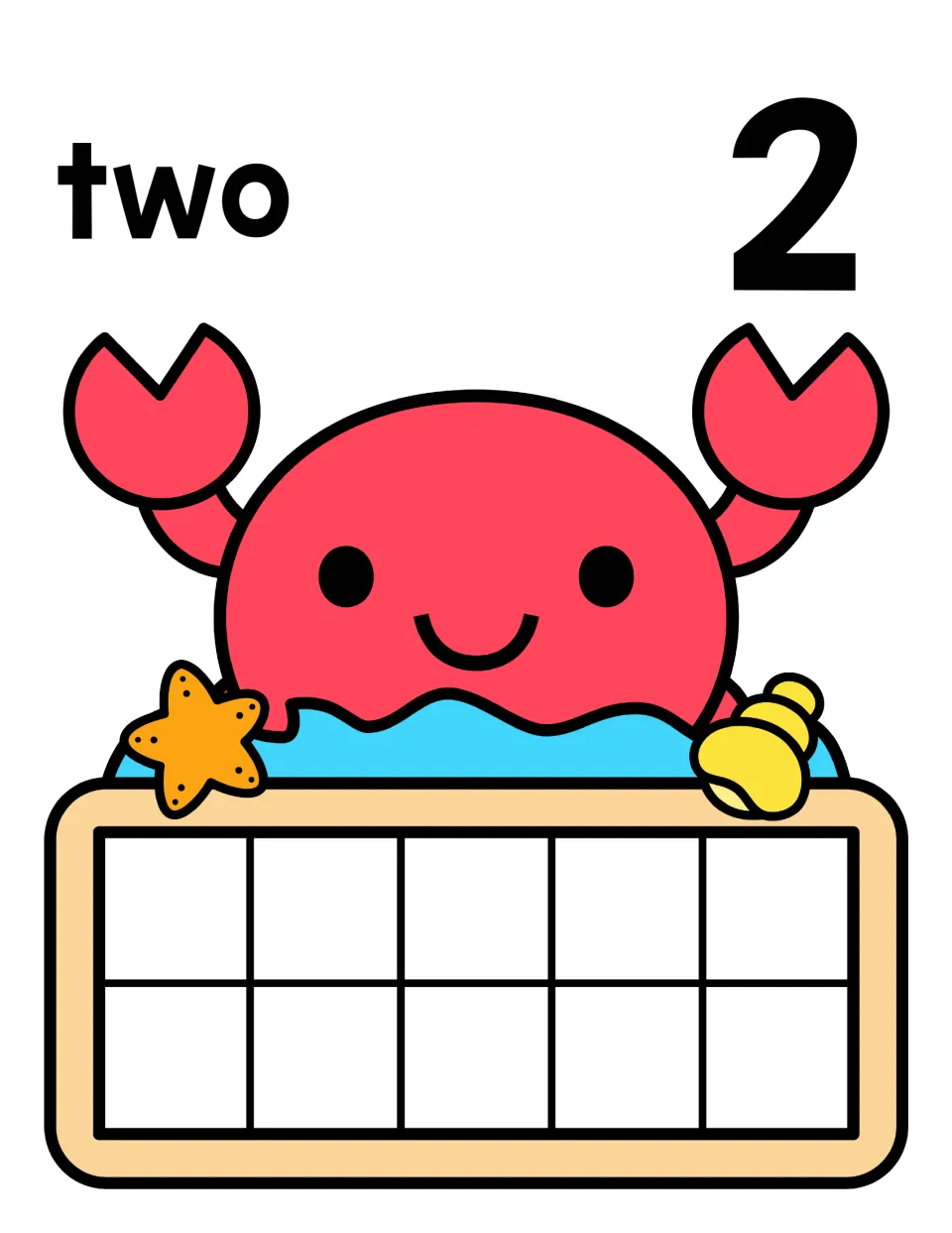 Counting to 2: number word two and numeral 2 over a beach crab; students fill two spaces of the ten frame with counters