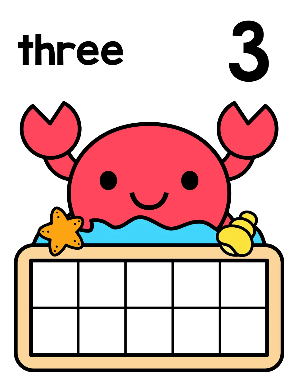 Counting to 3: number word three and numeral 3 with a crab, starfish and shell; students show 3 on the empty ten frame