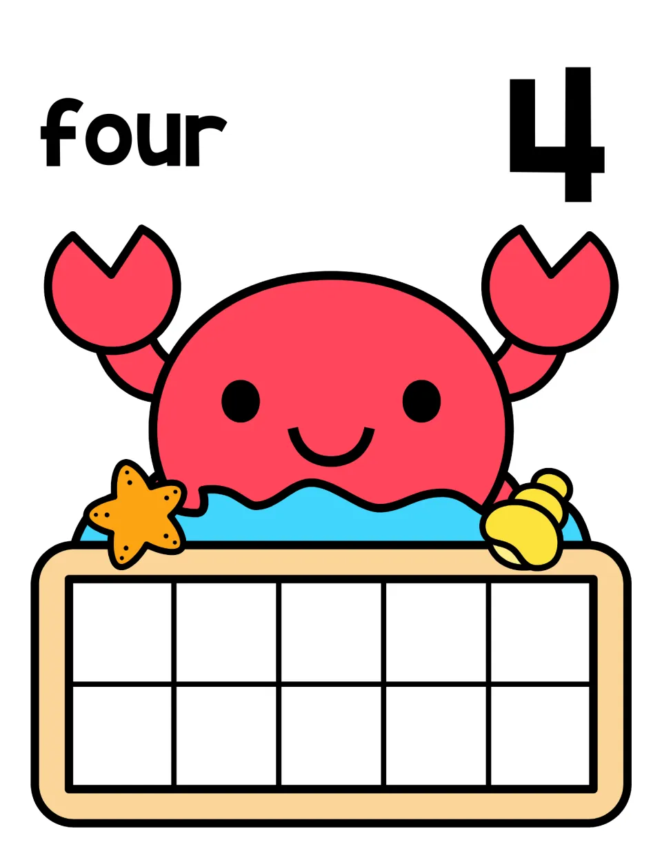 Counting to 4: number word four and numeral 4 above a crab in waves; students build 4 with counters on the ten frame