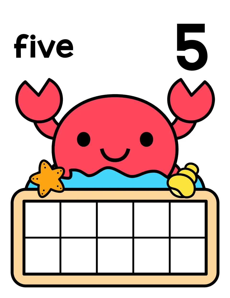 Counting to 5: number word five and numeral 5 with a smiling crab; students fill one full row of the ten frame to show 5