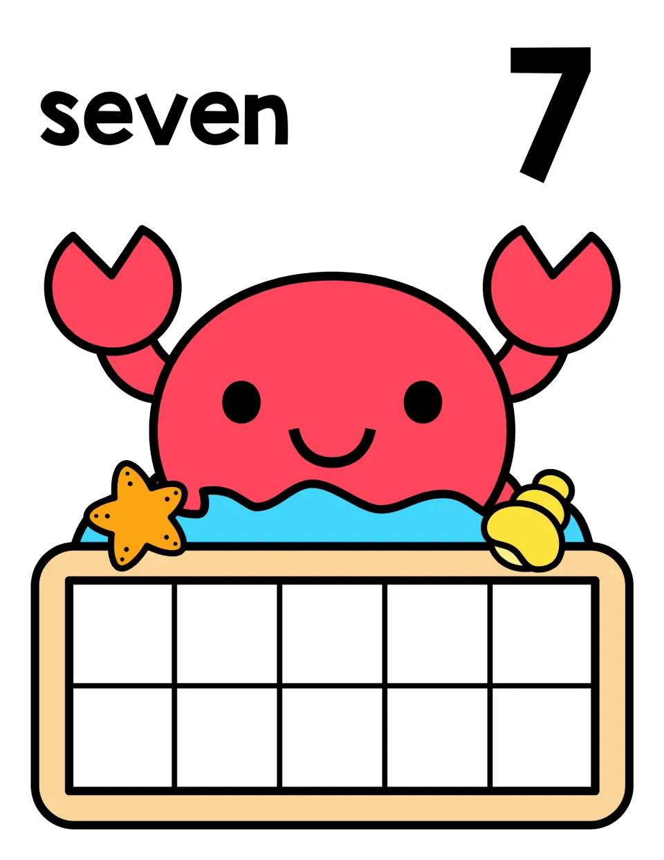Counting to 7: number word seven and numeral 7 above a beach crab; students place seven counters on the empty ten frame