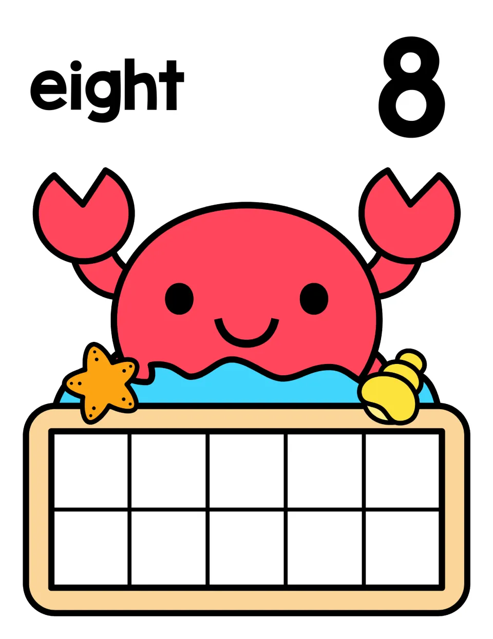 Counting to 8: number word eight and numeral 8 with a crab and starfish; students build 8 on the ten frame with counters