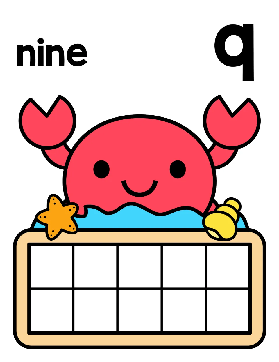 Counting to 9: number word nine and numeral 9 above a smiling crab; students fill all but one ten frame space