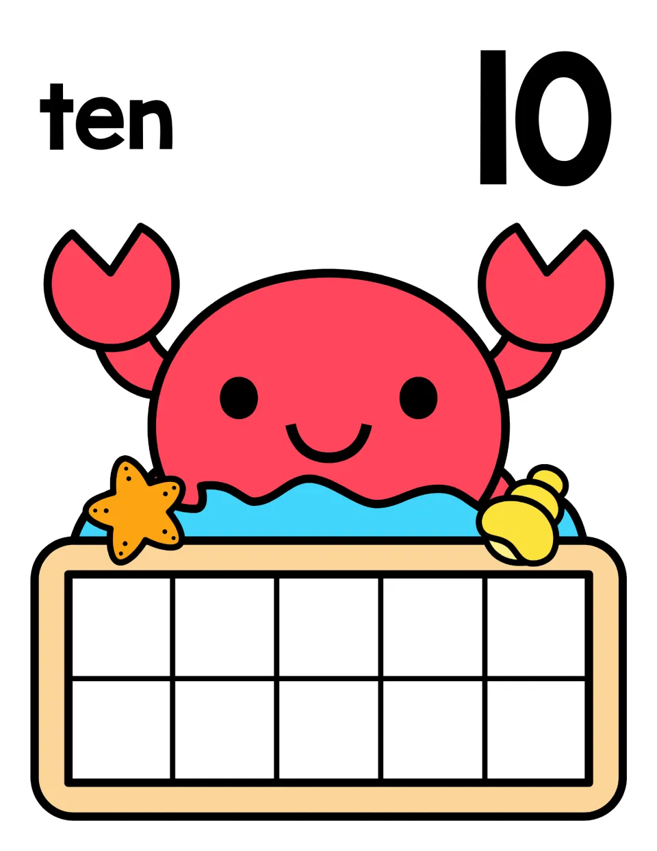 Counting to 10: number word ten and numeral 10 with a crab in the waves; students fill every space of the ten frame