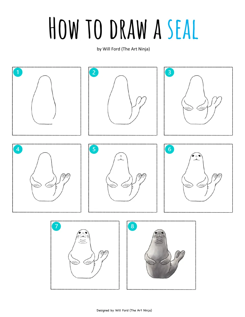 Seal drawing guide for the watercolor project, showing eight stages from body outline to shaded gray seal