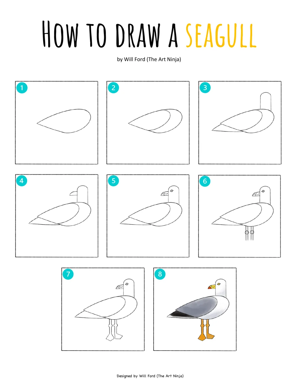 Seagull drawing guide for the watercolor project, showing eight stages from wing outline to colored bird