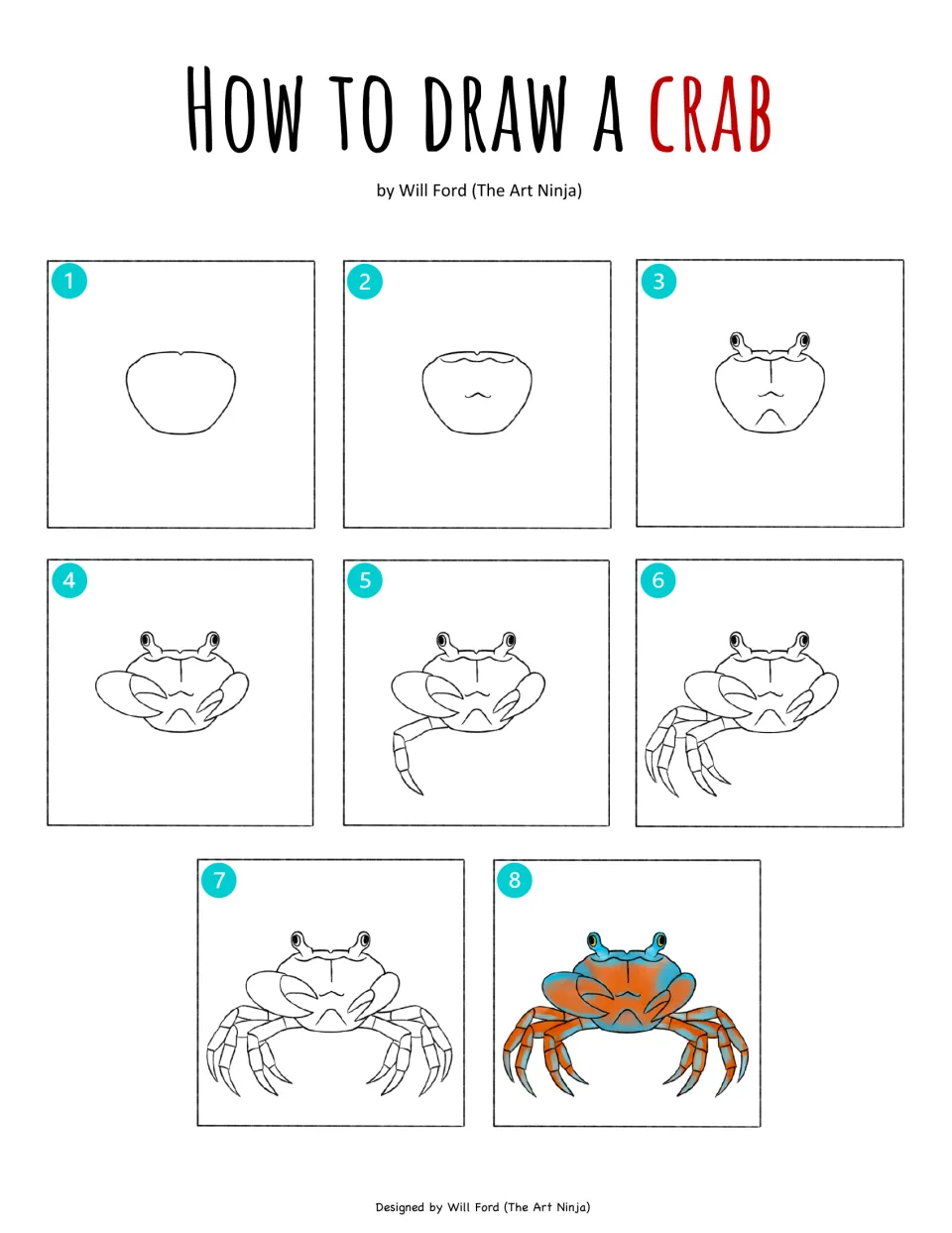 Crab drawing guide for the watercolor project, showing eight stages adding eyes, claws, legs, and color